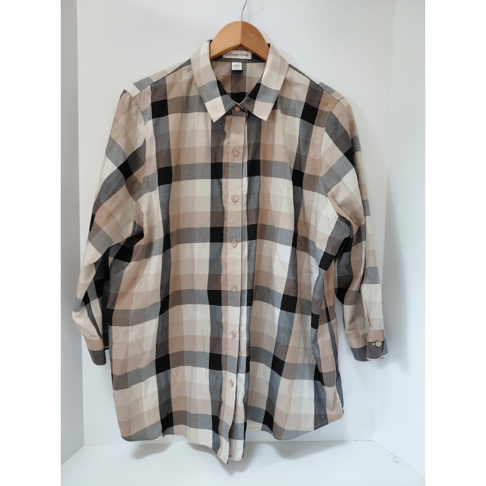 Coldwater Creek Womens 1X Plaid Button Front Shirt 3/4 Sleeve Tan Black Cream